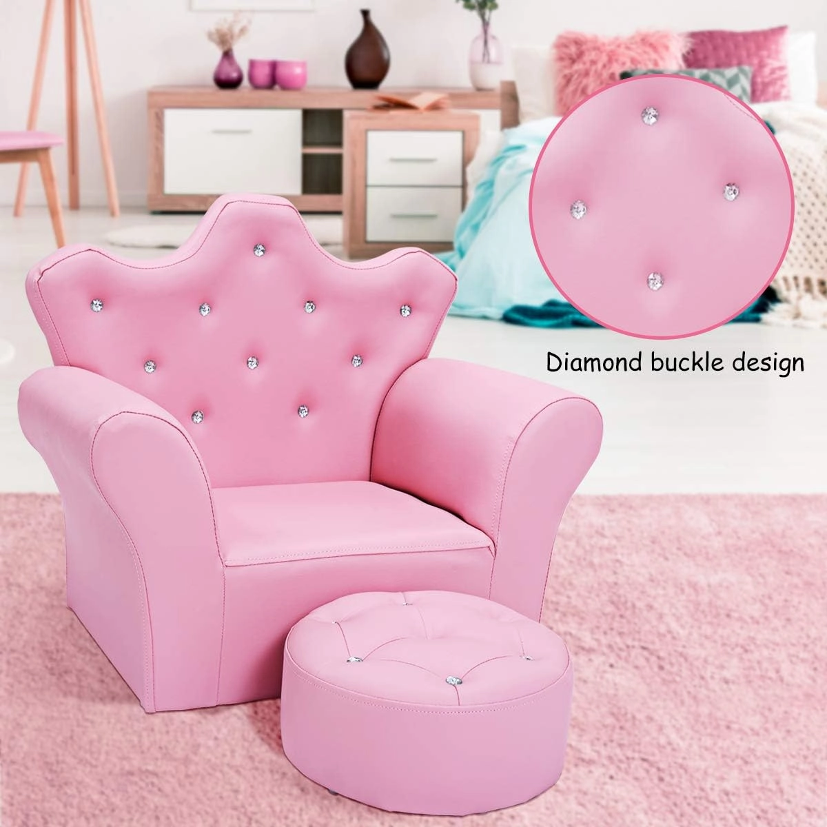 Costzon Kids Sofa, Children Upholstered Sofa with Ottoman, Princess Sofa with Diamond Decoration, Smooth PVC Leather Toddler Chair, Kids Couch for Boys and Girls, Gift for Toddlers (Pink)