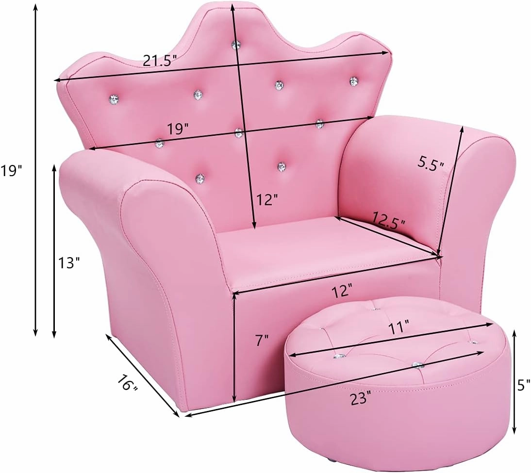 Costzon Kids Sofa, Children Upholstered Sofa with Ottoman, Princess Sofa with Diamond Decoration, Smooth PVC Leather Toddler Chair, Kids Couch for Boys and Girls, Gift for Toddlers (Pink)