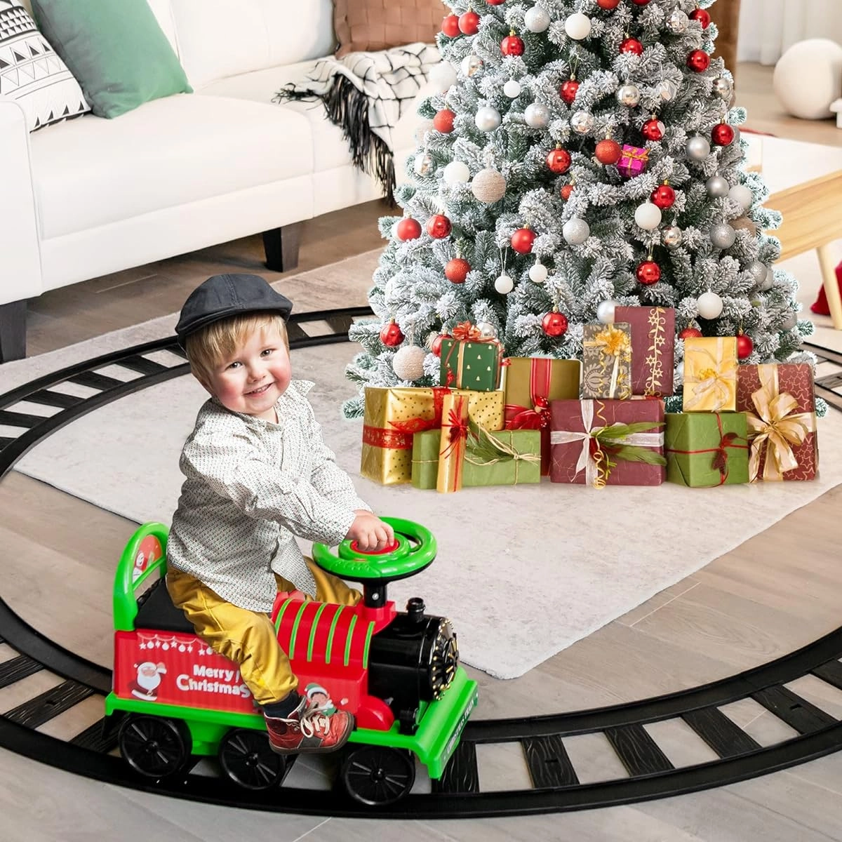Costzon Ride on Toys 6V Train Ride with Tracks, Storage Seat, Flashing Lights & Music, Backrest, Anti-Tilt Device, Gift for Toddler Boys & Girls, Battery Powered Ride on Car (Green)