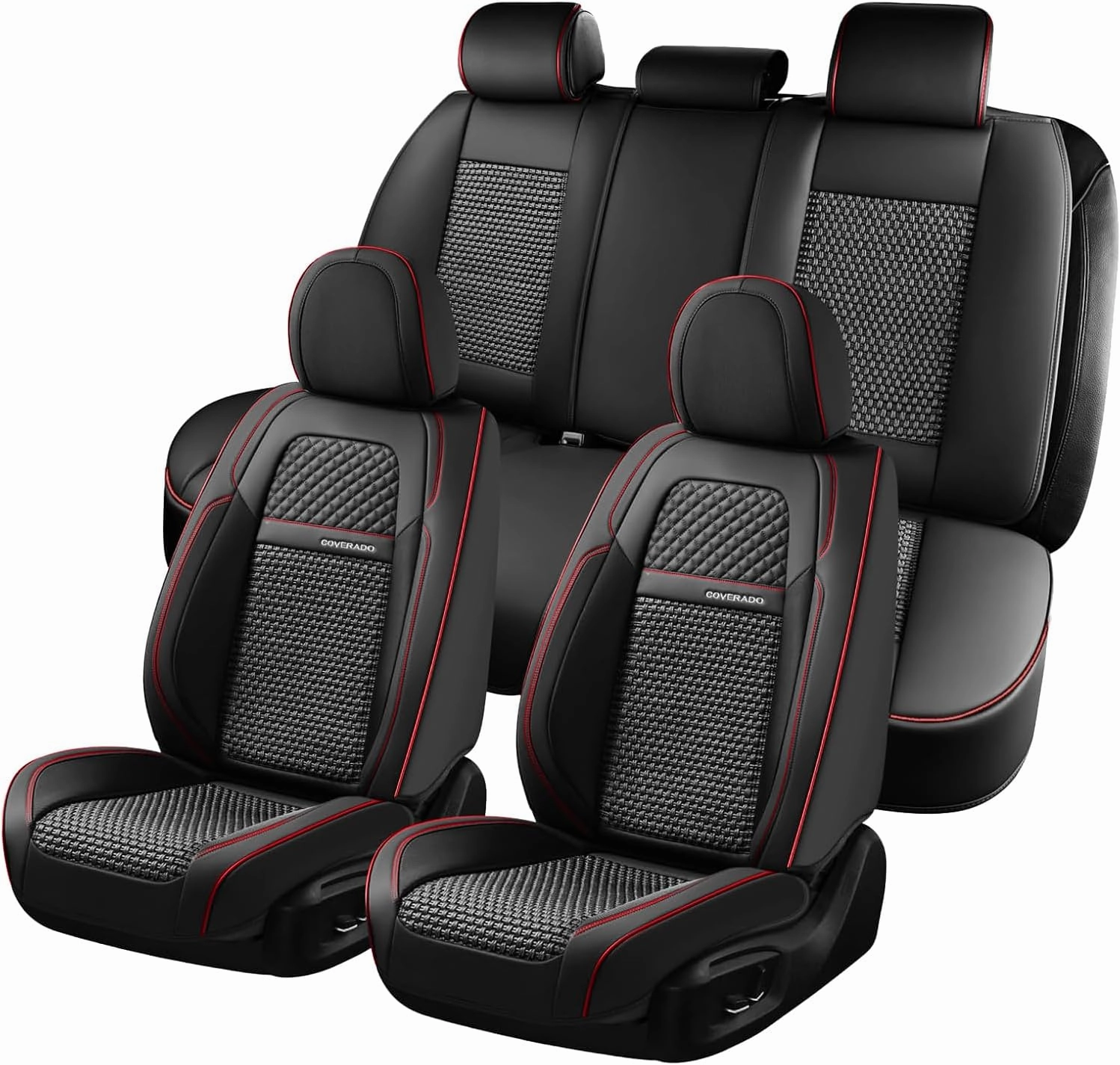 Coverado Car Seat Covers Full Set, Nappa Leather Blakc Seat Covers for Cars, Waterproof Car Seat Protector, Front and Back Seats Universal Fit for Most Vehicles