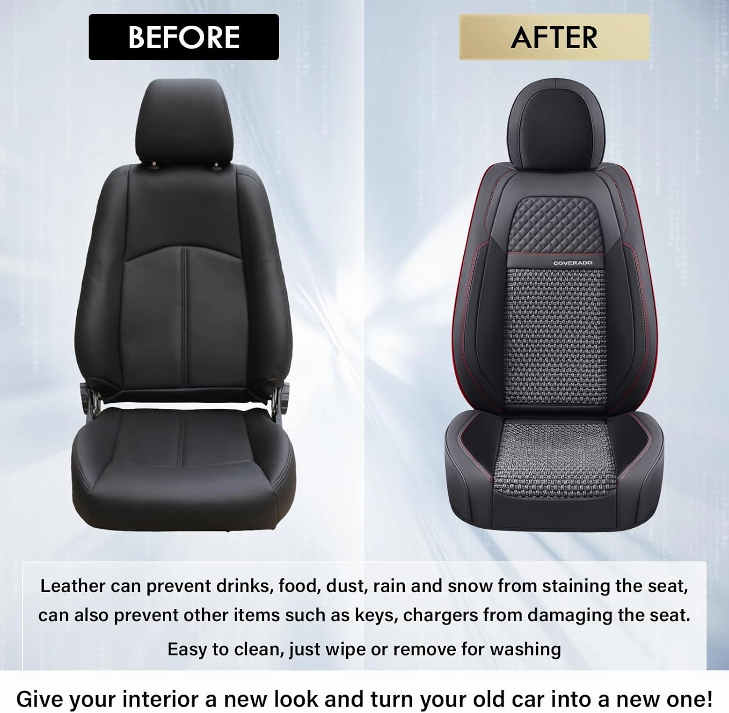 Coverado Car Seat Covers Full Set, Nappa Leather Blakc Seat Covers for Cars, Waterproof Car Seat Protector, Front and Back Seats Universal Fit for Most Vehicles