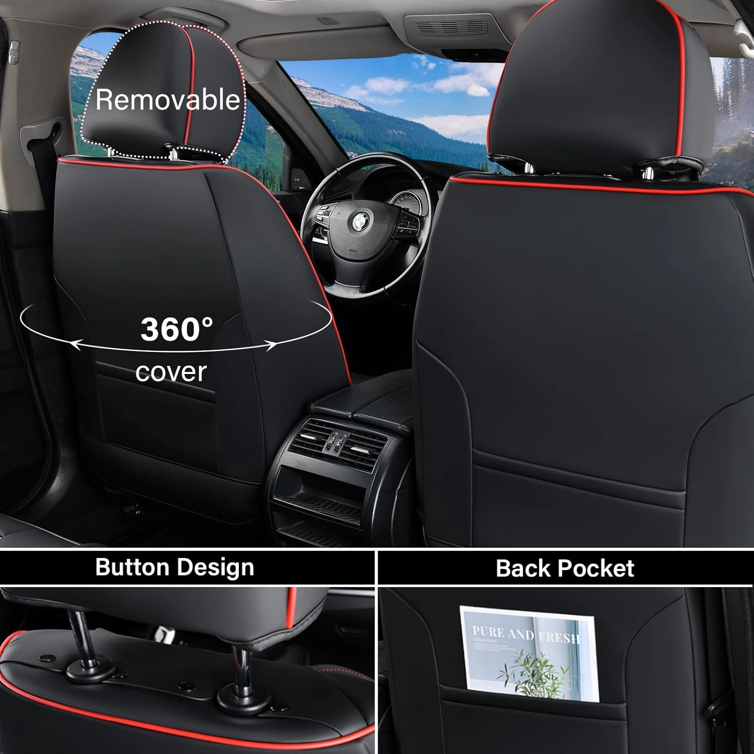 Coverado Car Seat Covers Full Set, Nappa Leather Blakc Seat Covers for Cars, Waterproof Car Seat Protector, Front and Back Seats Universal Fit for Most Vehicles