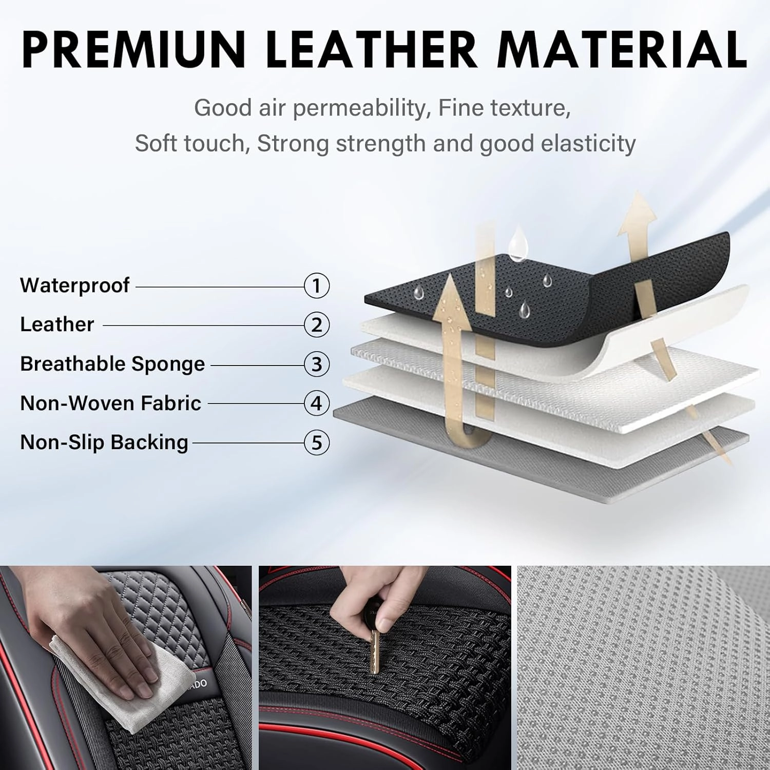 Coverado Car Seat Covers Full Set, Nappa Leather Blakc Seat Covers for Cars, Waterproof Car Seat Protector, Front and Back Seats Universal Fit for Most Vehicles