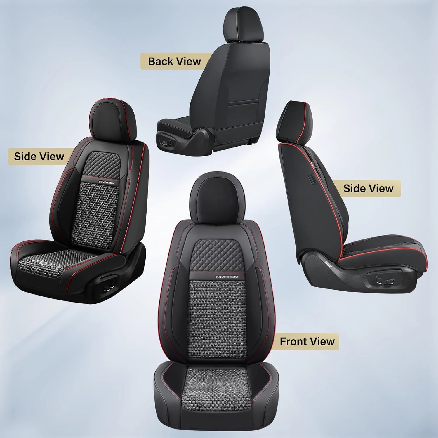 Coverado Car Seat Covers Full Set, Nappa Leather Blakc Seat Covers for Cars, Waterproof Car Seat Protector, Front and Back Seats Universal Fit for Most Vehicles