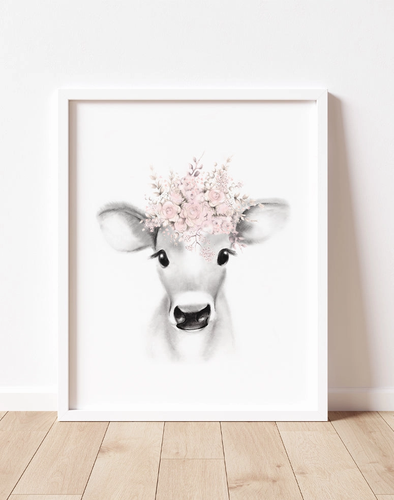 Cow with Floral Crown Print