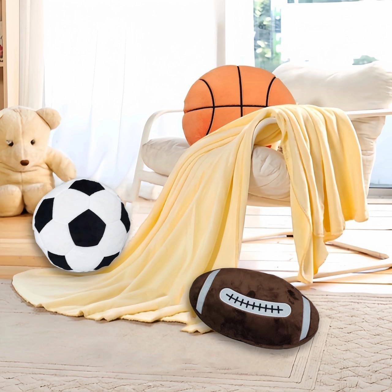 Cozy Soccer-Themed Plush Pillow & Blanket Set – Perfect Soccer Gift for Kids and Teens – Soft Toddler Blanket and Football Decor Ideal for Boys Rooms – Cozy Travel