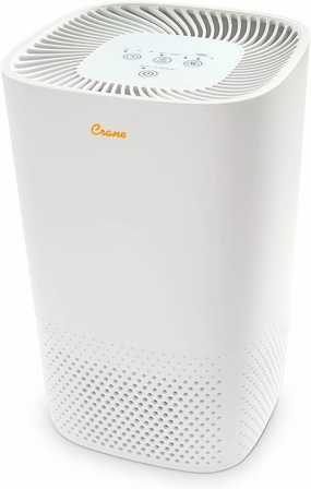 Crane Air Purifier with UV Light and True Hepa Filter, 250 Sq Ft Coverage, Timer, Sleep Mode, for Bedroom and Home, Up 250 SQ FT Coverage, White