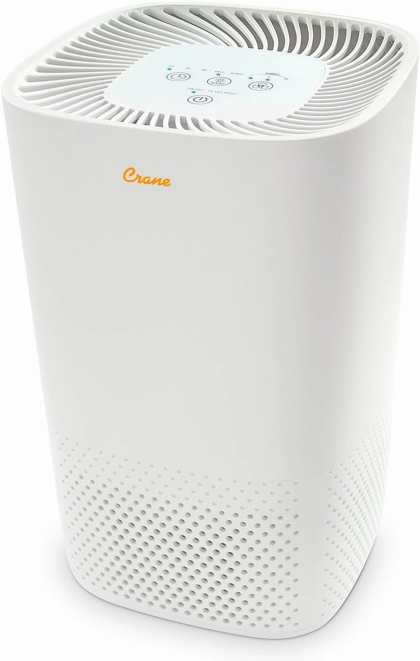 Crane Air Purifier with UV Light and True Hepa Filter, 250 Sq Ft Coverage, Timer, Sleep Mode, for Bedroom and Home, Up 250 SQ FT Coverage, White