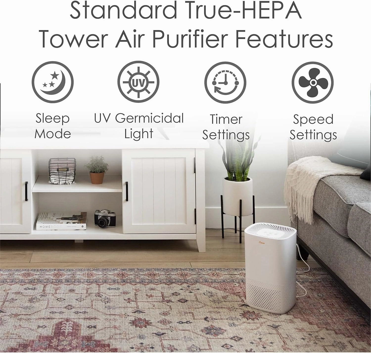 Crane Air Purifier with UV Light and True Hepa Filter, 250 Sq Ft Coverage, Timer, Sleep Mode, for Bedroom and Home, Up 250 SQ FT Coverage, White