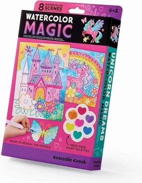 Crocodile Creek Unicorn Dreams Watercolor Magic Paint Set for Kids Ages 6 and Up - Includes 8 Water-Reveal Scenes, 8 Mess-Free Painting Palettes, and Water Brush Pen - Art Supplies for Kids