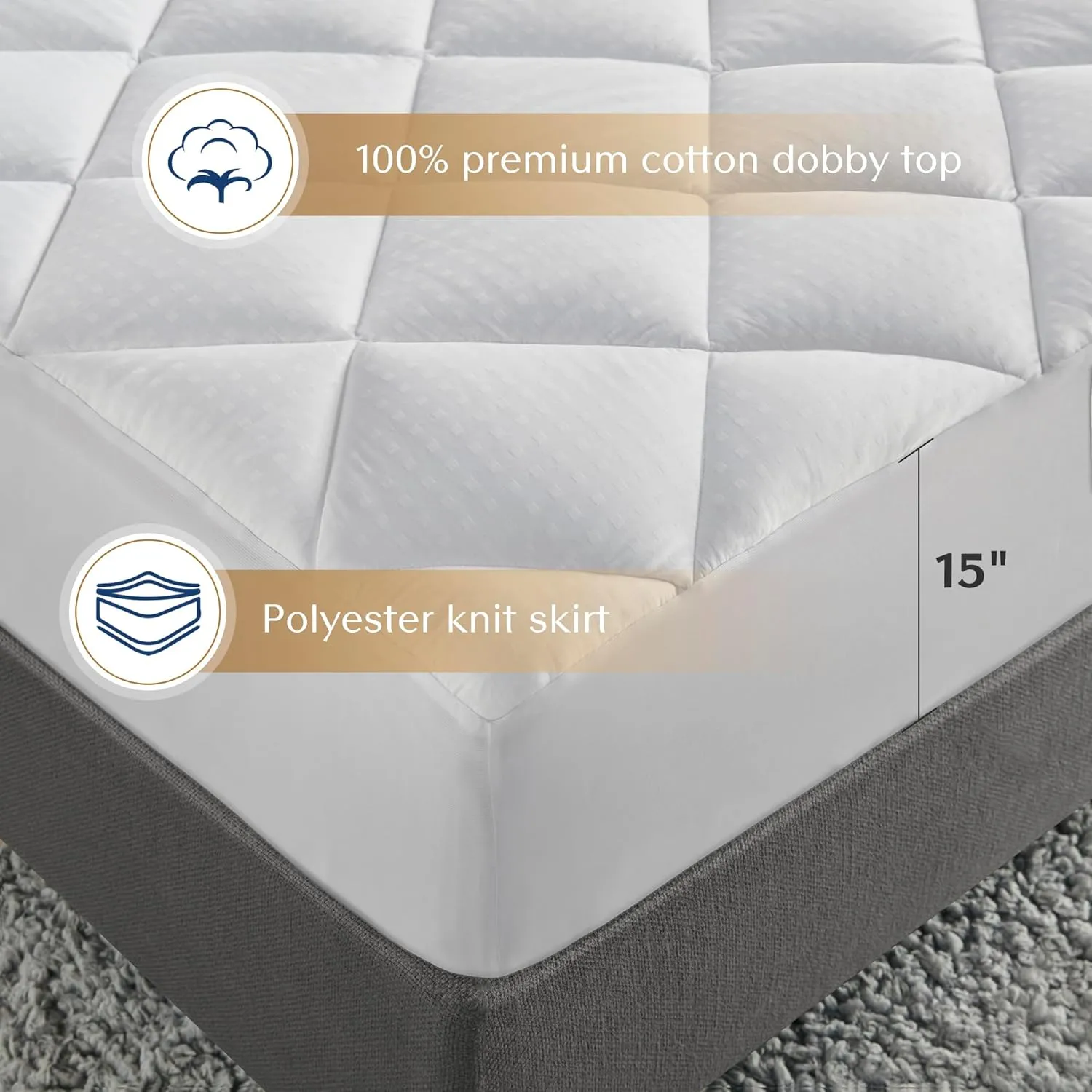 Croscill King Mattress Pad Cotton Bed Protector Waterproof Mattress Pad, Diamond Quilted Cover, Overfilled, Breathable Mattress Topper, Fitted Pocket Fits Up to 18", Easy Care, King, White