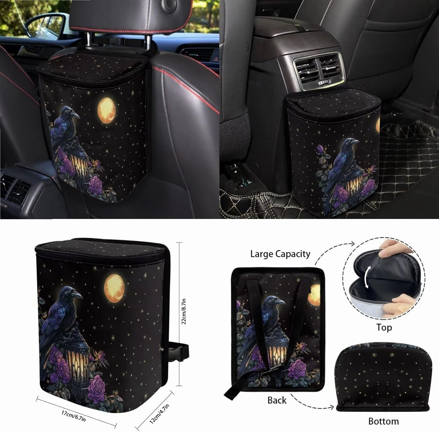 Crow Moon Rose Lantern Pattern 15 Pieces Car Seat Cover Steering Wheel Cover, Seat Belt Strap Wrap Cover Car Trash Can Cup Holders Keychain Air Vent Bag for Truck Vans Sedans