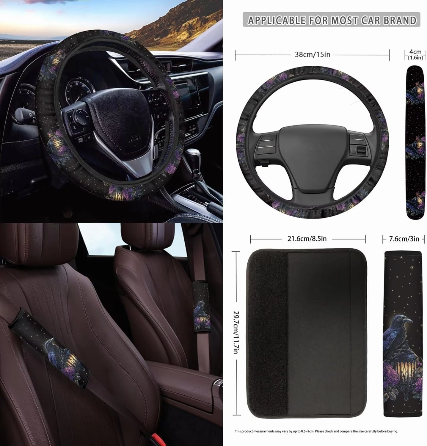 Crow Moon Rose Lantern Pattern 15 Pieces Car Seat Cover Steering Wheel Cover, Seat Belt Strap Wrap Cover Car Trash Can Cup Holders Keychain Air Vent Bag for Truck Vans Sedans