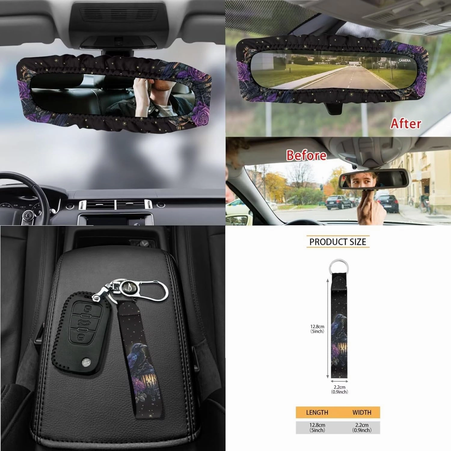 Crow Moon Rose Lantern Pattern 15 Pieces Car Seat Cover Steering Wheel Cover, Seat Belt Strap Wrap Cover Car Trash Can Cup Holders Keychain Air Vent Bag for Truck Vans Sedans