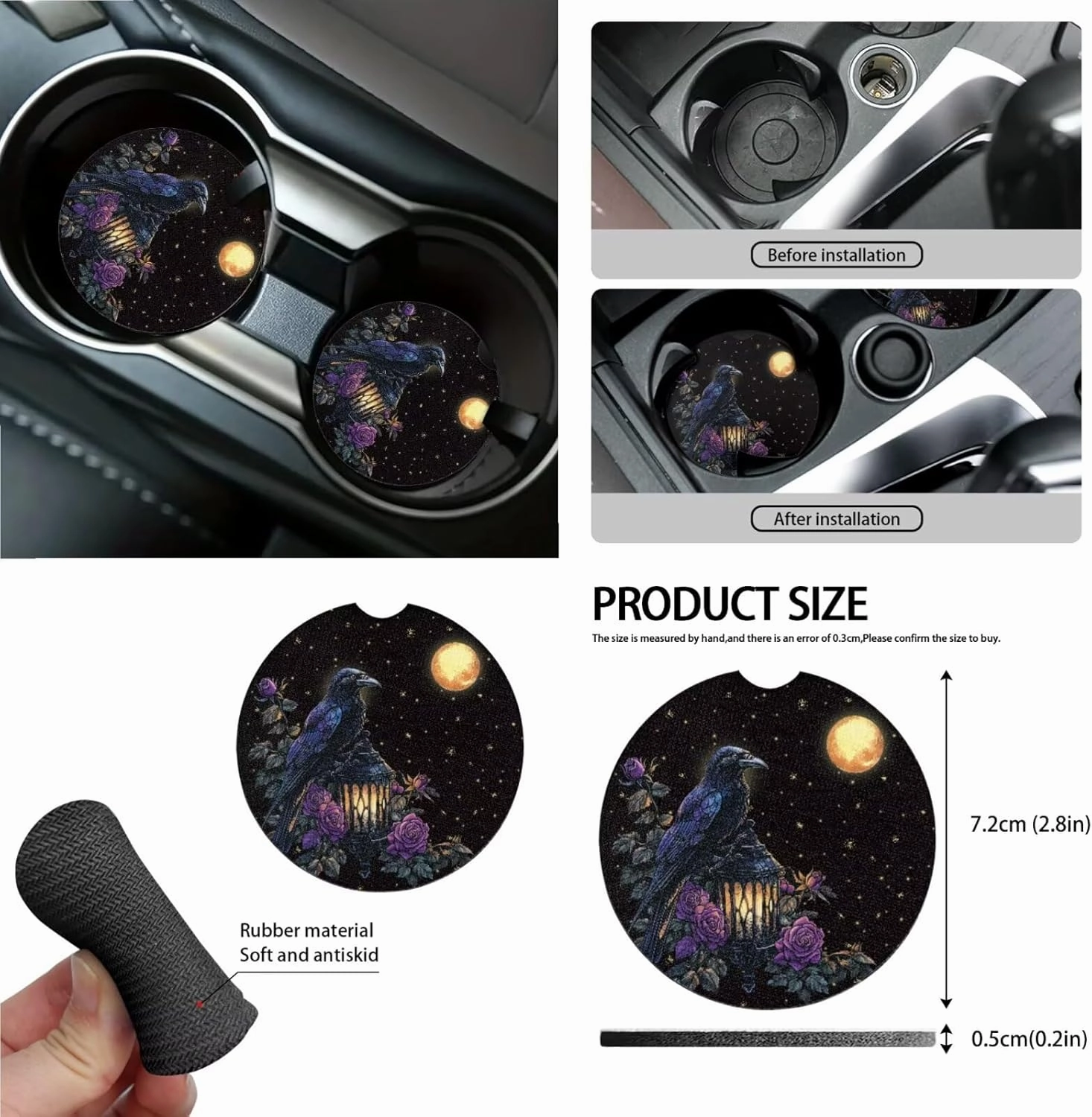 Crow Moon Rose Lantern Pattern 15 Pieces Car Seat Cover Steering Wheel Cover, Seat Belt Strap Wrap Cover Car Trash Can Cup Holders Keychain Air Vent Bag for Truck Vans Sedans
