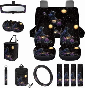 Crow Moon Rose Lantern Pattern 15 Pieces Car Seat Cover Steering Wheel Cover, Seat Belt Strap Wrap Cover Car Trash Can Cup Holders Keychain Air Vent Bag for Truck Vans Sedans