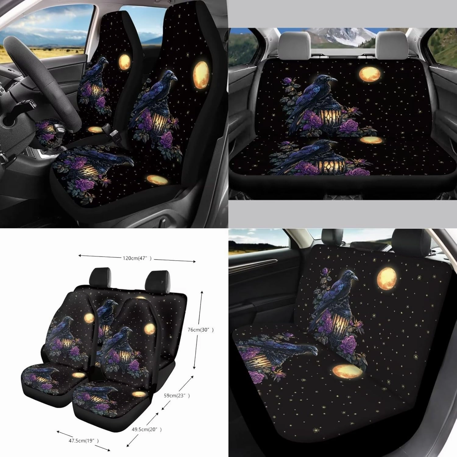 Crow Moon Rose Lantern Pattern 15 Pieces Car Seat Cover Steering Wheel Cover, Seat Belt Strap Wrap Cover Car Trash Can Cup Holders Keychain Air Vent Bag for Truck Vans Sedans