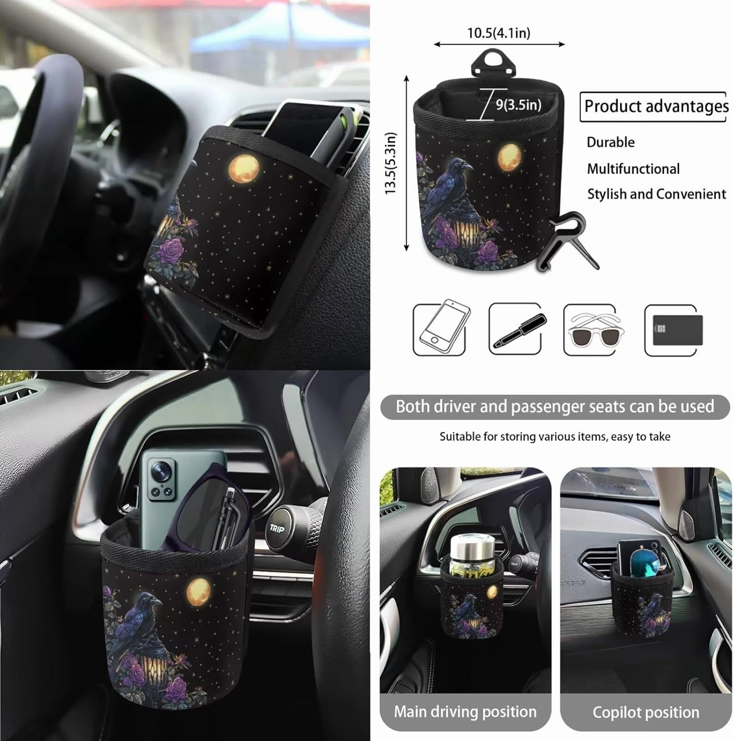 Crow Moon Rose Lantern Pattern 15 Pieces Car Seat Cover Steering Wheel Cover, Seat Belt Strap Wrap Cover Car Trash Can Cup Holders Keychain Air Vent Bag for Truck Vans Sedans