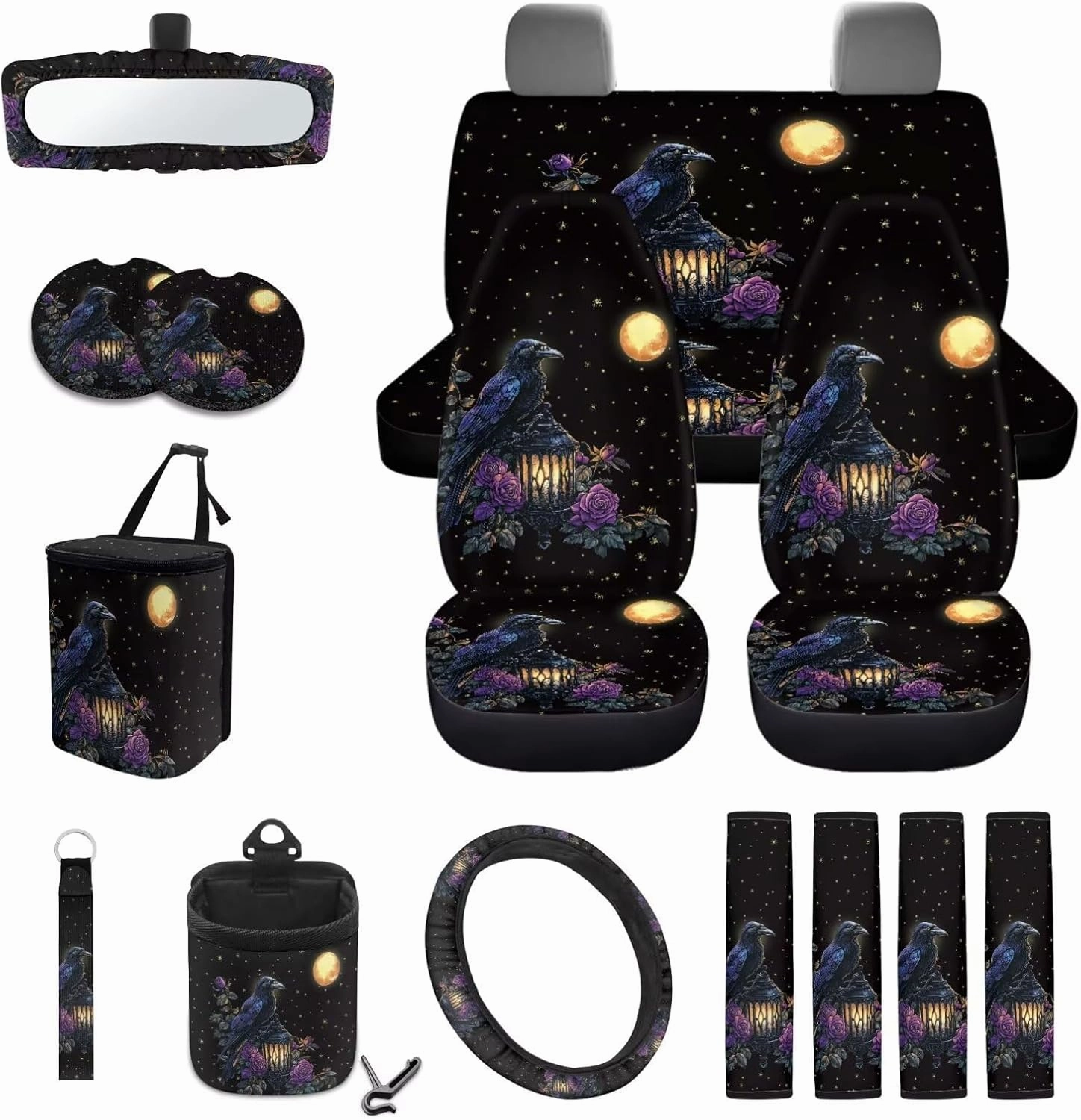 Crow Moon Rose Lantern Pattern 15 Pieces Car Seat Cover Steering Wheel Cover, Seat Belt Strap Wrap Cover Car Trash Can Cup Holders Keychain Air Vent Bag for Truck Vans Sedans