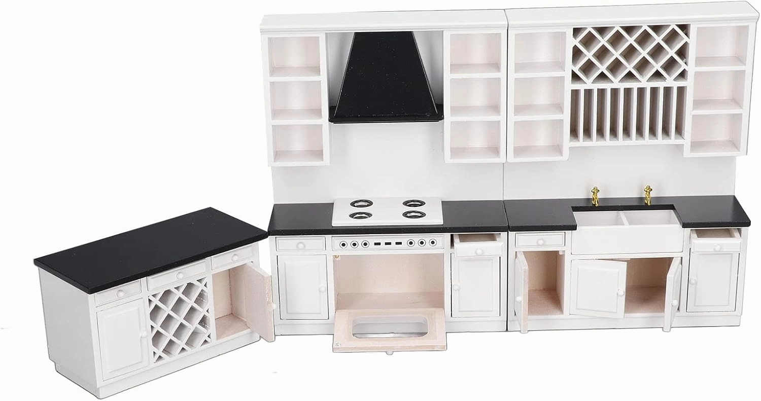 CUEI Miniature Dollhouse Furniture Kitchen Set, 1:12 Scale Wooden Kitchen Cabinet Set, White Dollhouse Decoration Accessories for Dining Room