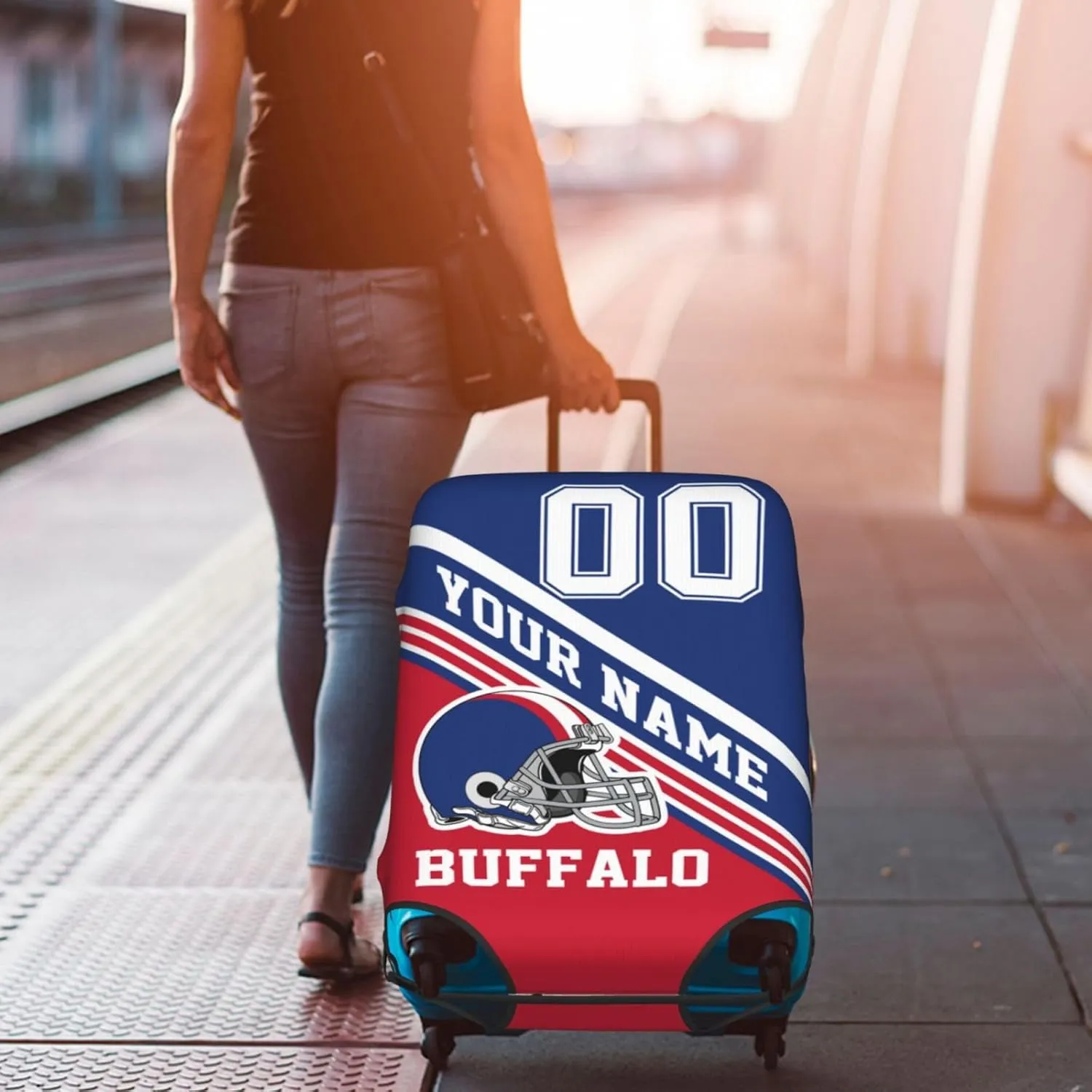 Custom Luggage Cover, Personalized Buffalo Suitcase Cover for Vacation Travel, Design Your Name and Number Washable Elastic Luggage Protector Gifts for Men Women Fans