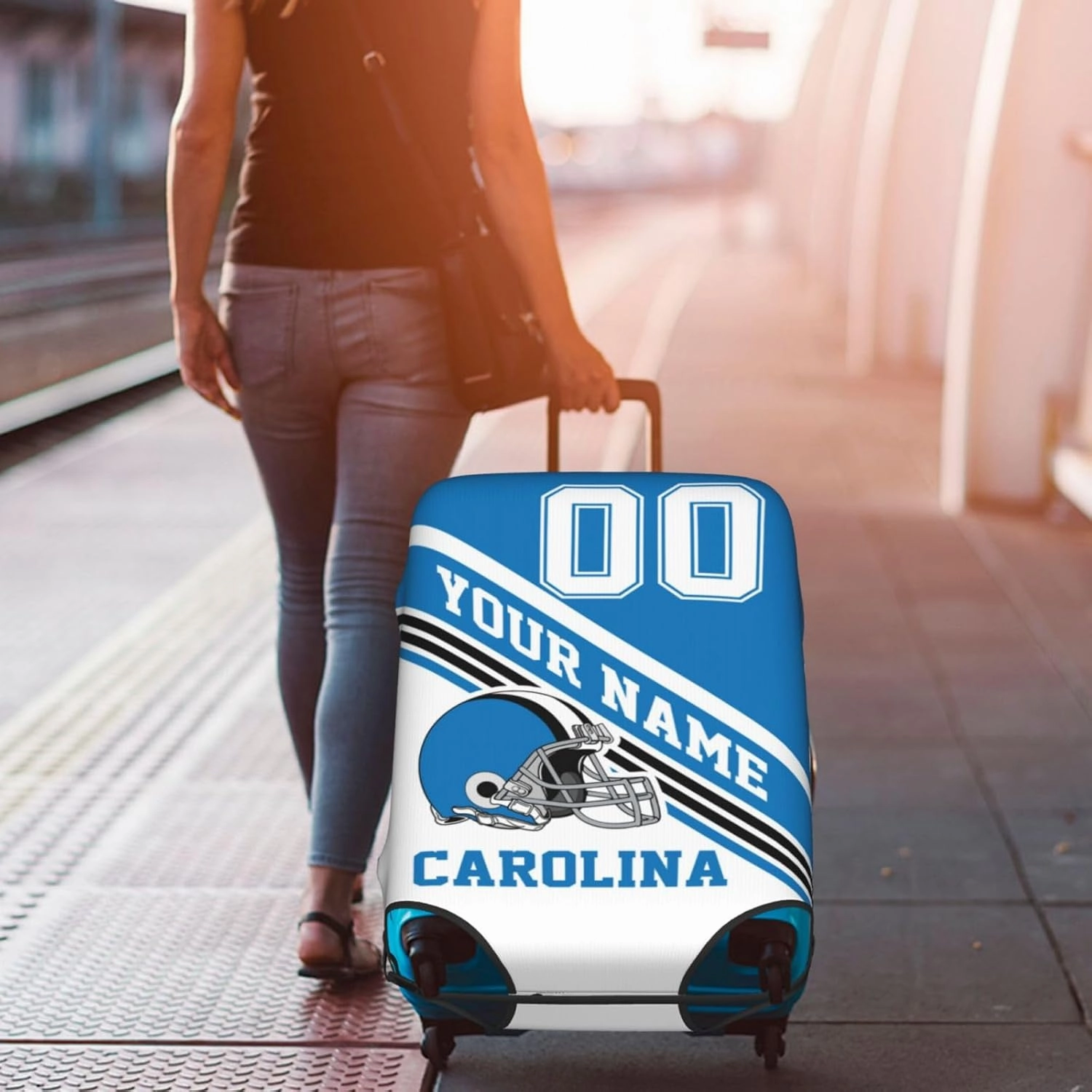 Custom Luggage Cover, Personalized Carolina Suitcase Cover for Vacation Travel, Design Your Name and Number Washable Elastic Luggage Protector Gifts for Men Women Fans