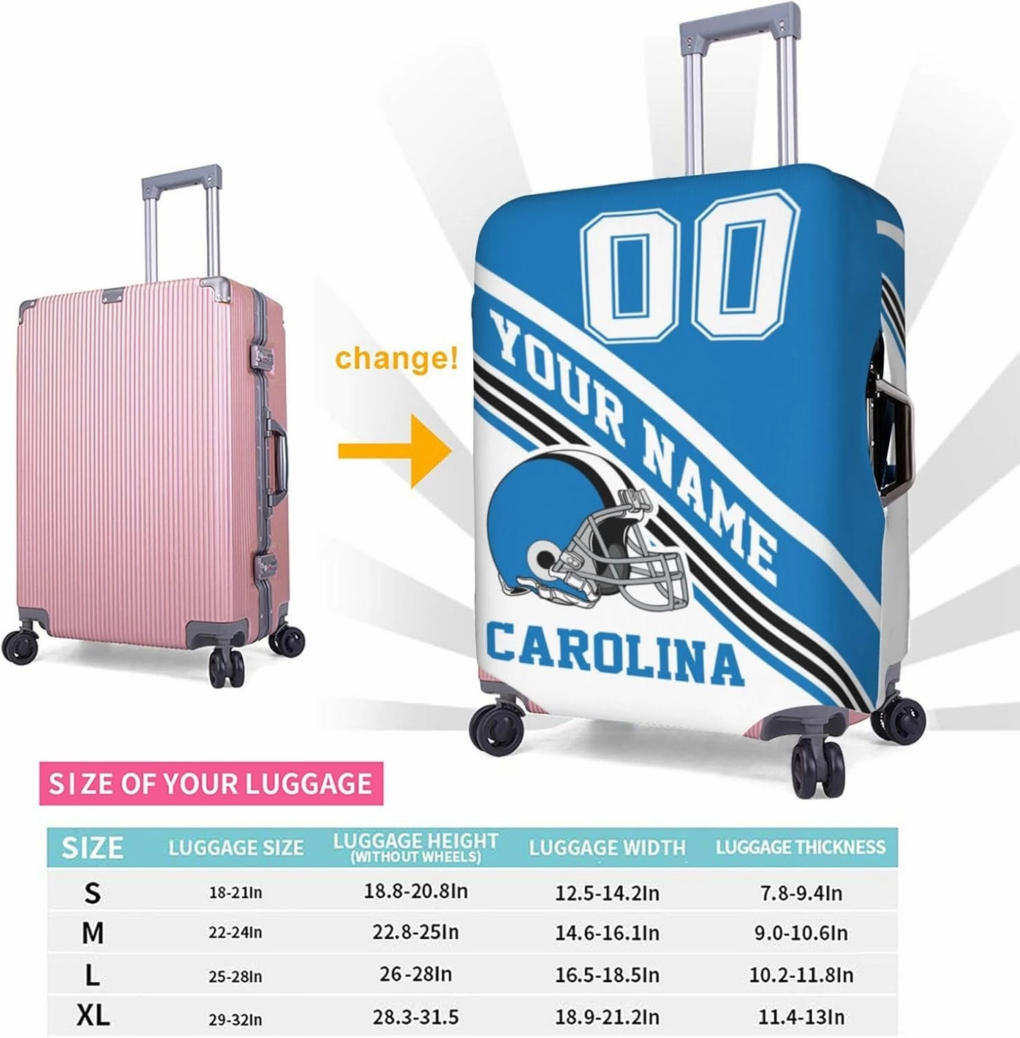 Custom Luggage Cover, Personalized Carolina Suitcase Cover for Vacation Travel, Design Your Name and Number Washable Elastic Luggage Protector Gifts for Men Women Fans