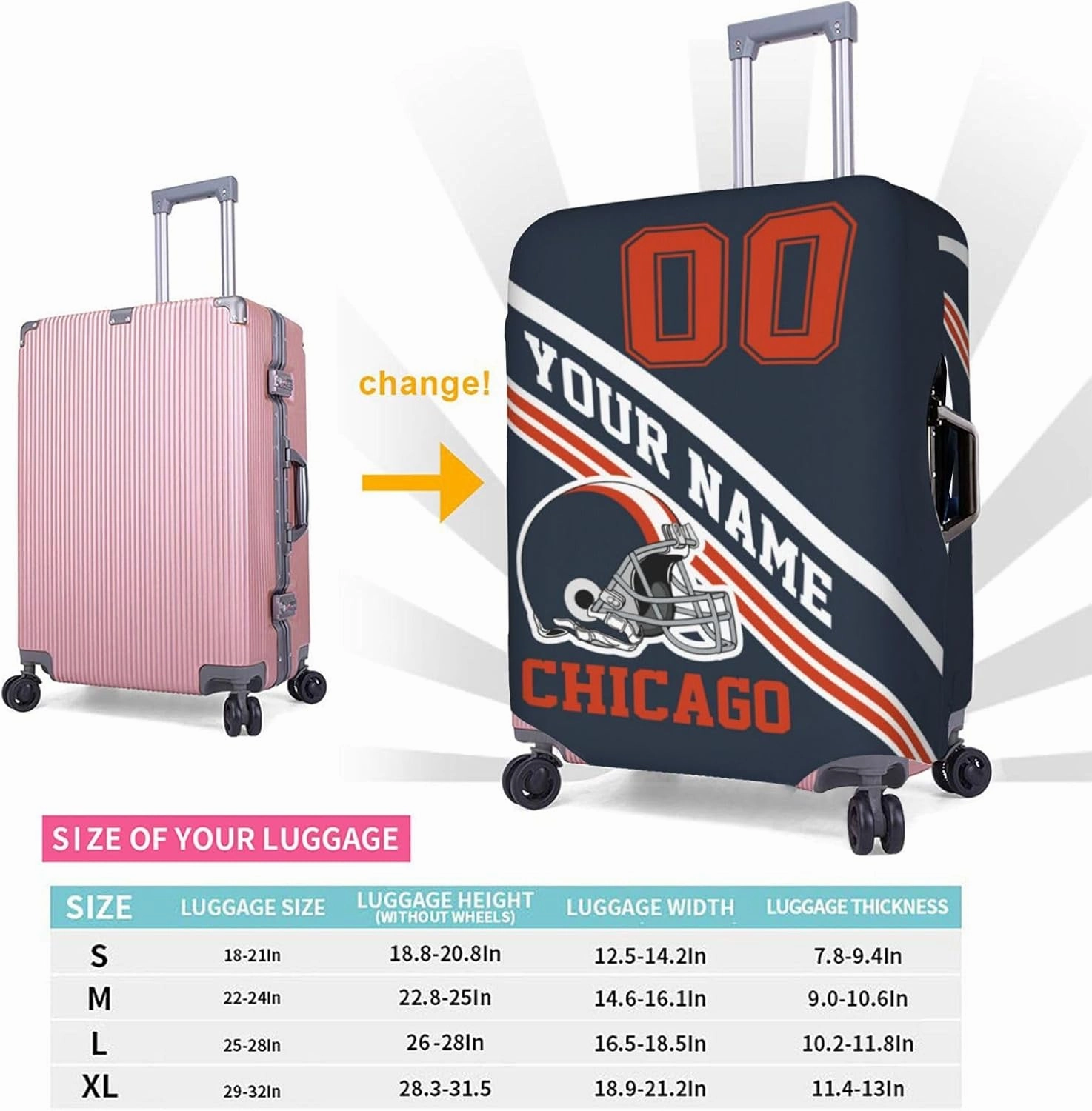 Custom Luggage Cover, Personalized Chicago Suitcase Cover for Vacation Travel, Design Your Name and Number Washable Elastic Luggage Protector Gifts for Men Women Fans