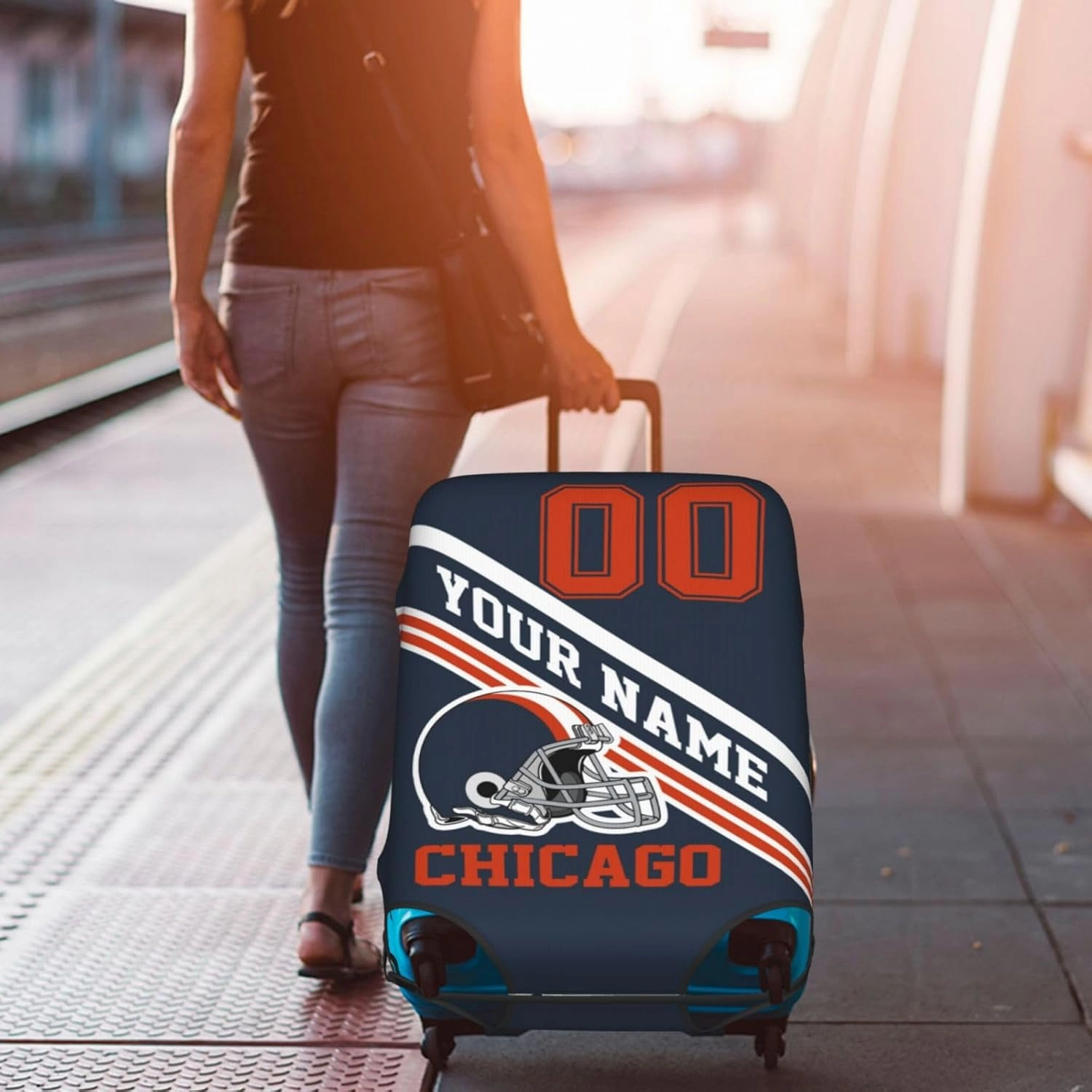 Custom Luggage Cover, Personalized Chicago Suitcase Cover for Vacation Travel, Design Your Name and Number Washable Elastic Luggage Protector Gifts for Men Women Fans