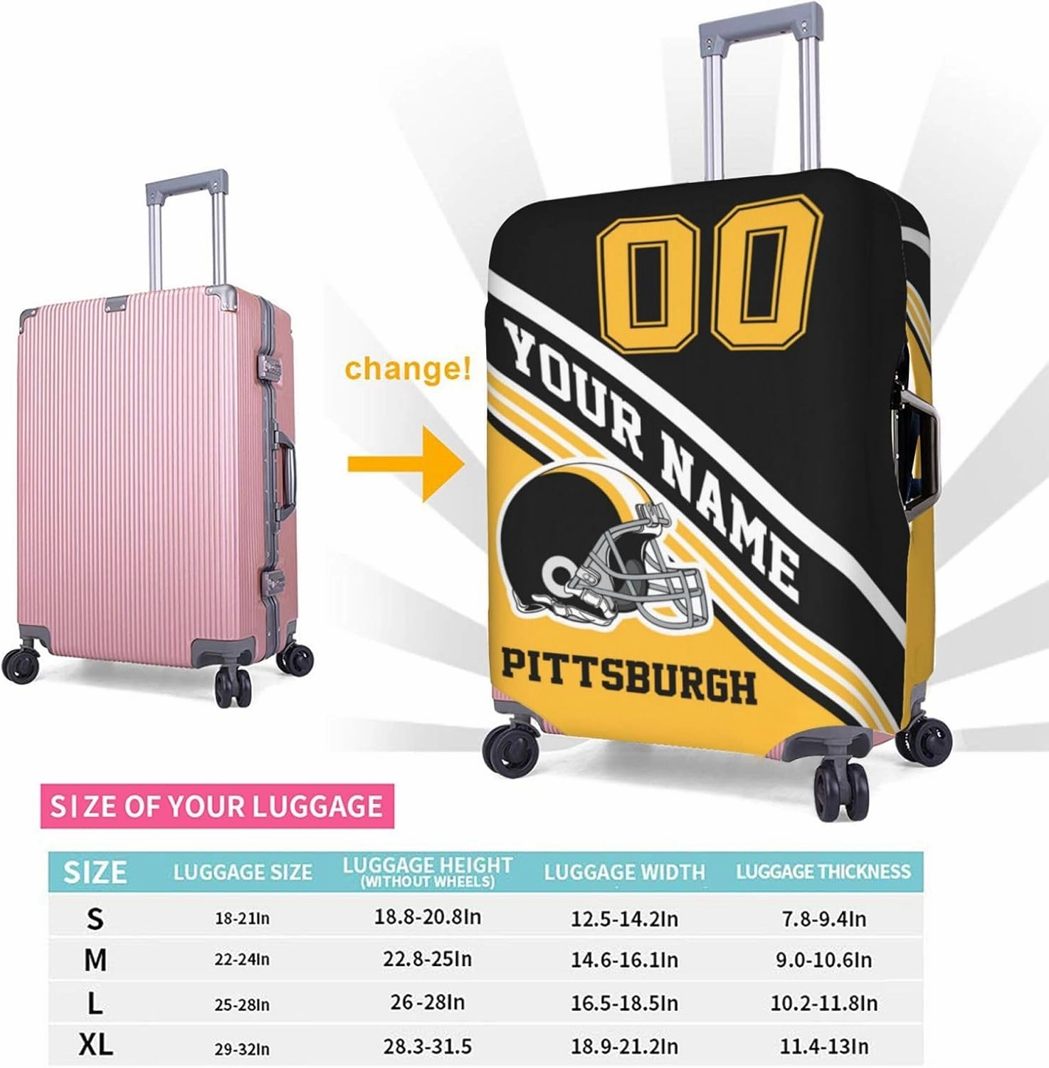 Custom Luggage Cover, Personalized Pittsburgh Suitcase Cover for Vacation Travel, Design Your Name and Number Washable Elastic Luggage Protector Gifts for Men Women Fans