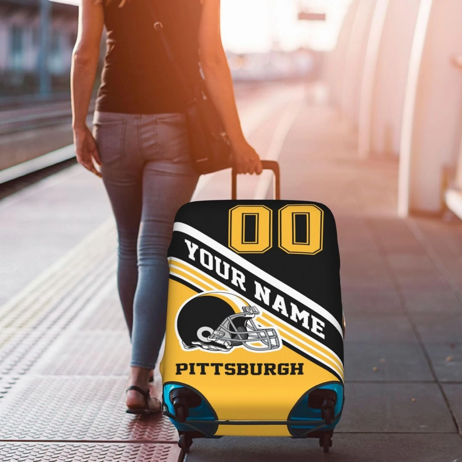 Custom Luggage Cover, Personalized Pittsburgh Suitcase Cover for Vacation Travel, Design Your Name and Number Washable Elastic Luggage Protector Gifts for Men Women Fans
