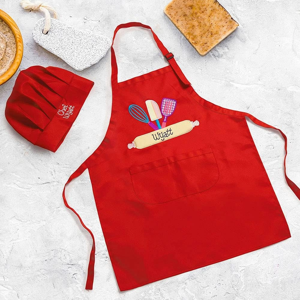 Custom Name Kids Apron Chef Hat Set For Boy Girl Cooking Baking Painting Craft