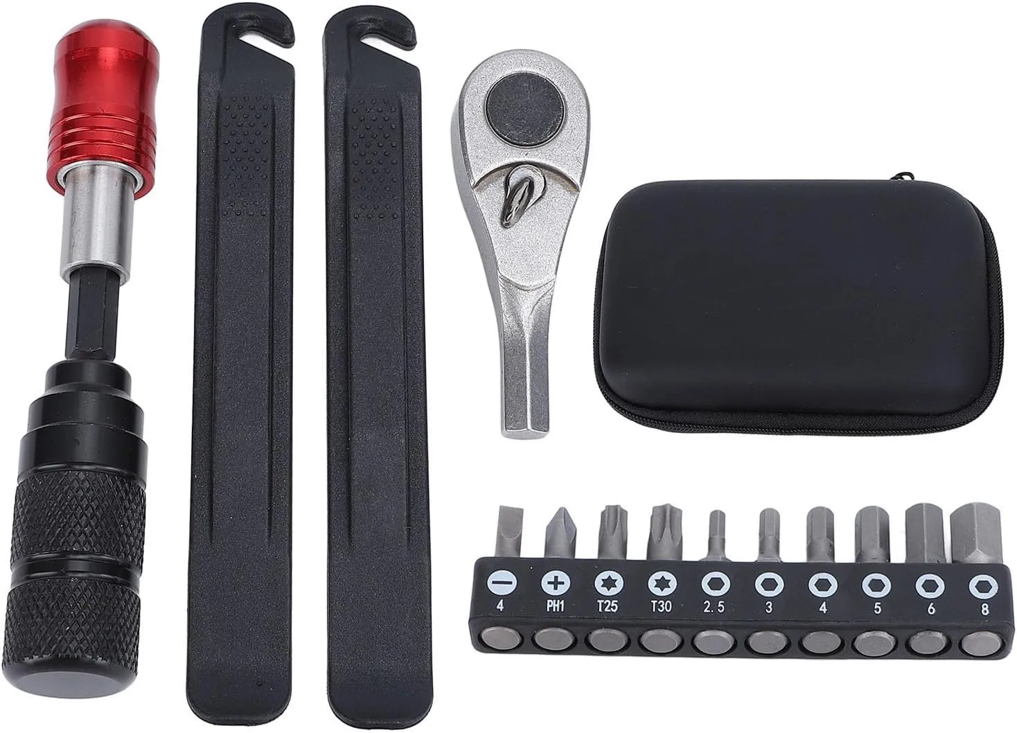 Cycling Maintenance Set, Ratchet Wrench Multitool with Tire Levers, Aluminum Alloy Handle, Portable Kit with Bits for