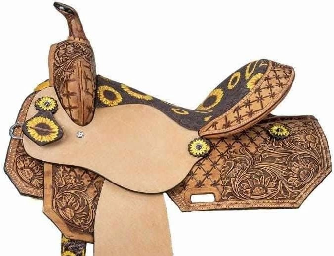 D&L SADDLERY Western Barrel Racing Wooden Tree Horse Saddles Handmade Leather Comfort for Horses Trail Equestrian Tooled Carved Horse Saddle Riding Size: 10-18 inches Seat, EQ09