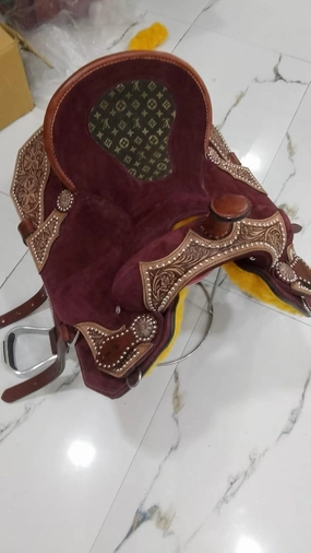 D&L SADDLERY Western Barrel Racing Wooden Tree Horse Saddles Handmade Leather Comfort for Horses Trail Equestrian Tooled Carved Horse Saddle Riding Size: 10-18 inches Seat, EQ13