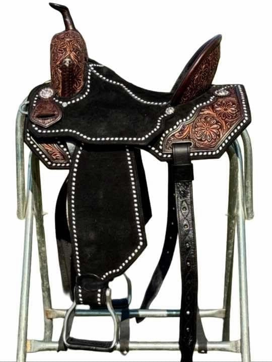 D&L SADDLERY Western Barrel Racing Wooden Tree Horse Saddles Handmade Leather Comfort for Horses Trail Equestrian Tooled Carved Horse Saddle Riding Size: 10-18 inches Seat, EW12