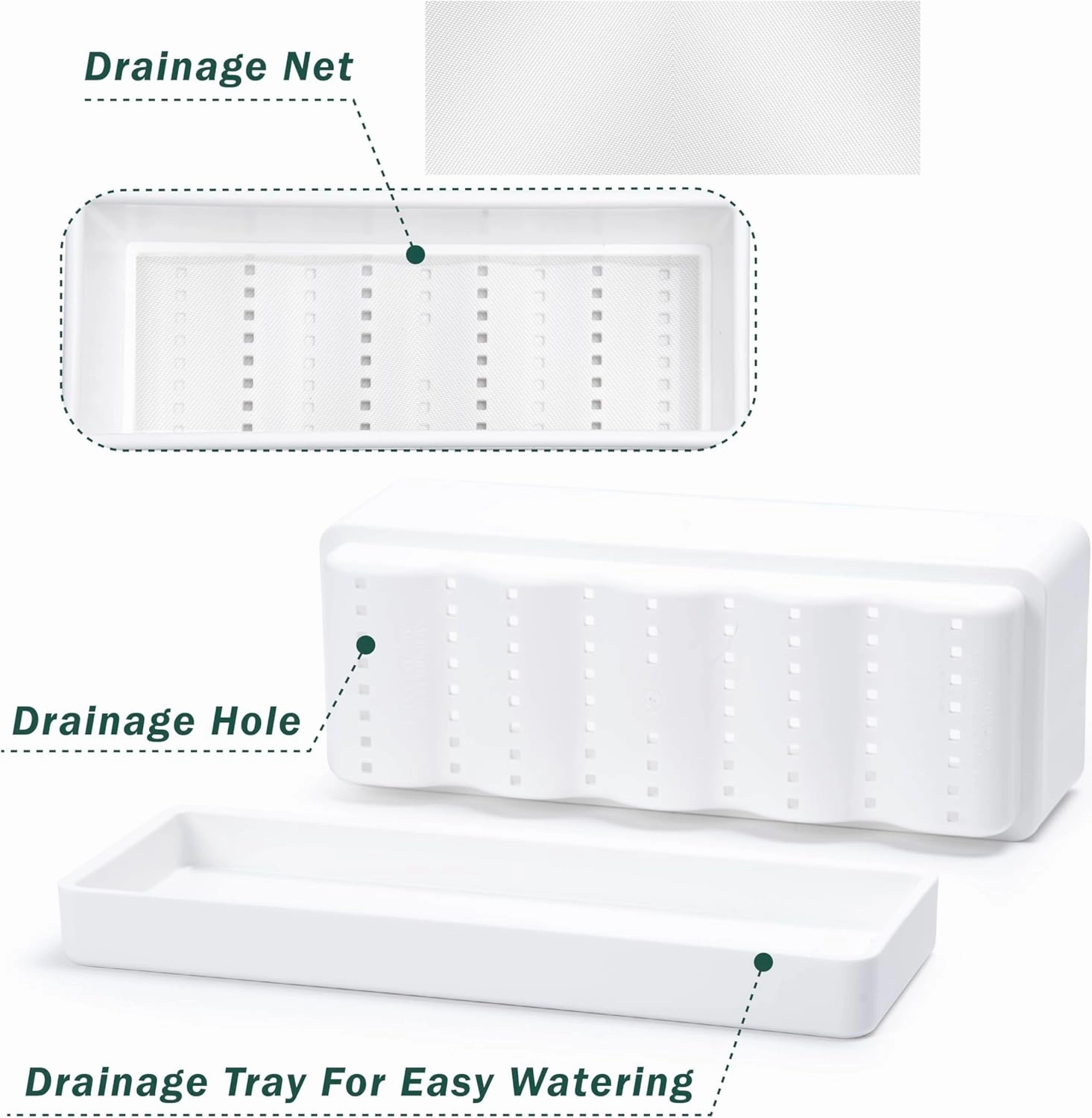 D'vine Dev 12 Inch Window Box Planter, Rectangle Plastic Herb Planter with Drainage Holes and Saucer, Indoor Succulent Cactus Vegetable Pot for Windowsill, Garden Balcony, White, Set of 2, 76-X-A-2