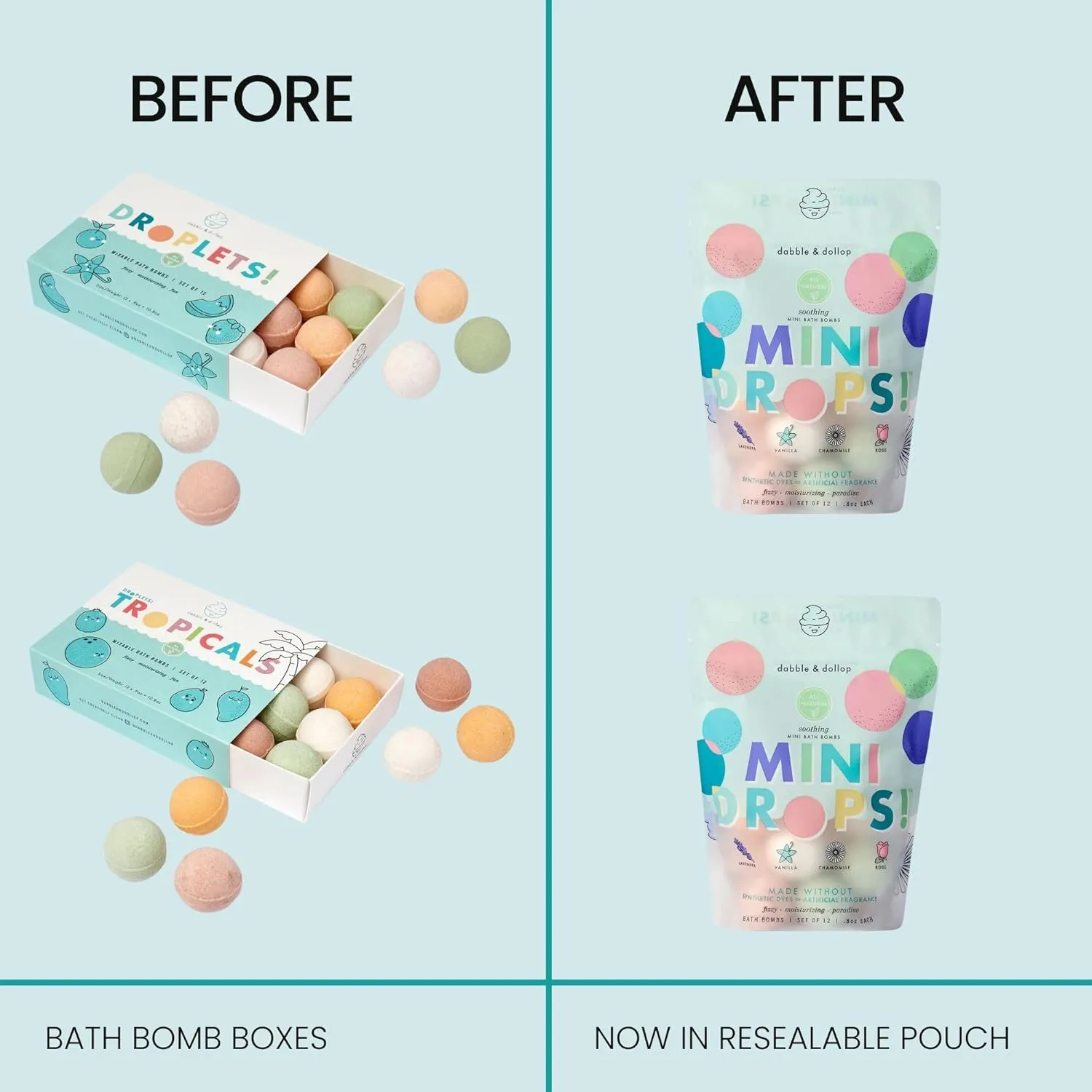 Dabble & Dollop Mini Bath Bombs, 100% Natural Droplets for Kids, Soothing Scents - Resealable Pouches, USA Made, Fizzy, Moisturizing & Fun, Vegan, Gluten-Free, Cruelty-Free (Set of 24)