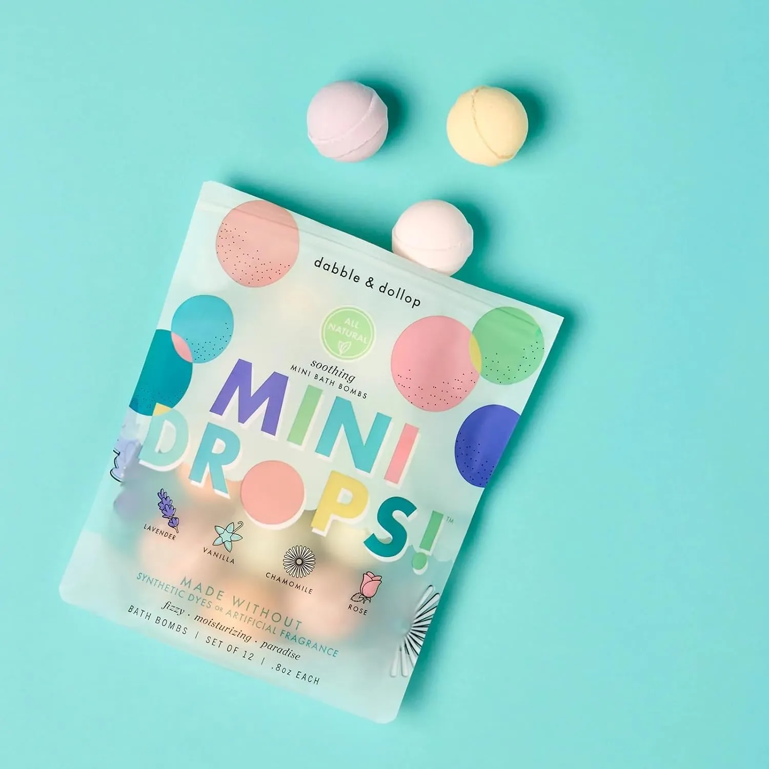 Dabble & Dollop Mini Bath Bombs, 100% Natural Droplets for Kids, Soothing Scents - Resealable Pouches, USA Made, Fizzy, Moisturizing & Fun, Vegan, Gluten-Free, Cruelty-Free (Set of 24)