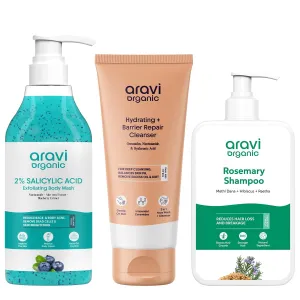 Daily Care Combo – 2% Salicylic Exfoliating Body Wash with Niacinamide & Blueberry , Barrier Repair Cleanser for Gentle Face Cleansing & Rosemary Shampoo for Scalp Detox & Hair Strength (600ml)