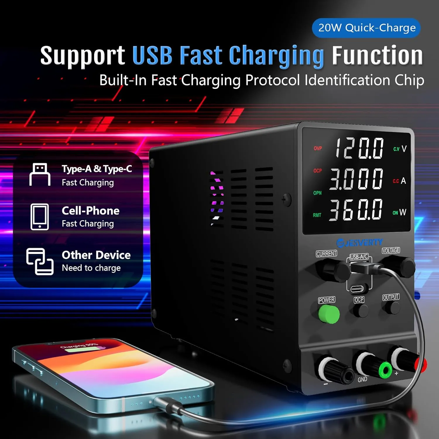 DC Power Supply Variable, 0-120V 0-3A Adjustable Switching DC Regulated Bench Power Supply with 20W USB & Type-C Quick-Charge, Encoder Knob, Output Switch, 4-Digit LED Display - SPS-12003M
