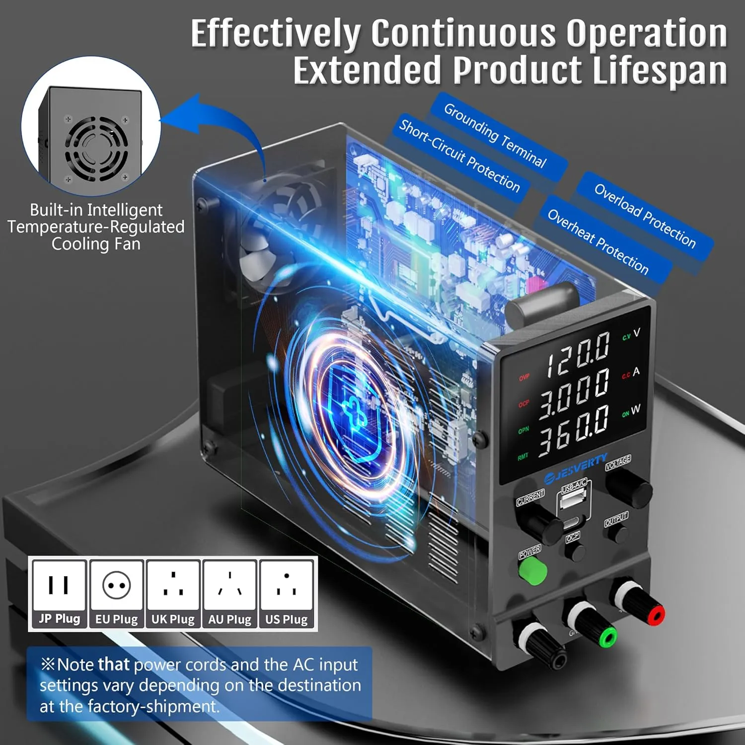DC Power Supply Variable, 0-120V 0-3A Adjustable Switching DC Regulated Bench Power Supply with 20W USB & Type-C Quick-Charge, Encoder Knob, Output Switch, 4-Digit LED Display - SPS-12003M