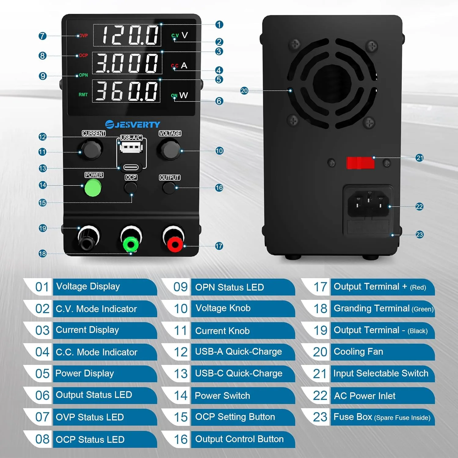 DC Power Supply Variable, 0-120V 0-3A Adjustable Switching DC Regulated Bench Power Supply with 20W USB & Type-C Quick-Charge, Encoder Knob, Output Switch, 4-Digit LED Display - SPS-12003M