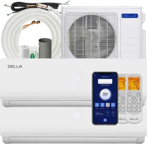 DELLA 18K BTU ODU 2 Dual Zone 9000 12000 BTU Mini Split Air Conditioner Work with Alexa, 19 SEER2 208-230V Cools Up to 950 Sq.Ft Wifi Multi Zone Pre-Charged Heat Pump with 16ft Installation Kits