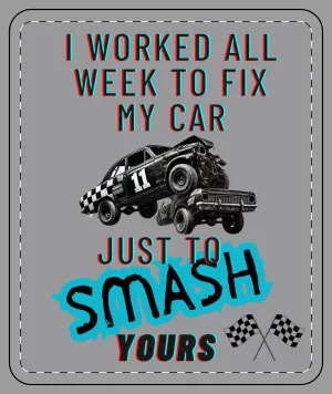 Demolition Derby Fleece Blanket - Smash You Car - Gray design on front, dark fleece backside