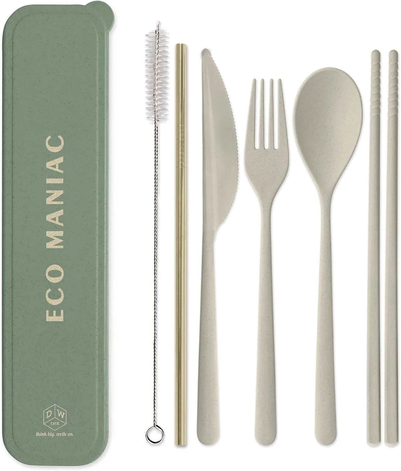 Designworks Ink Reusable Cutlery Set Utensils for Lunch Box, 7-Piece, Forest Green - Eco Maniac Plastic Flatware with Forks, Spoon, Knife, Chopsticks, Metal Straw in Portable Travel Case