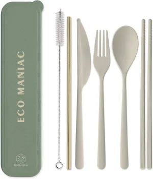 Designworks Ink Reusable Cutlery Set Utensils for Lunch Box, 7-Piece, Forest Green - Eco Maniac Plastic Flatware with Forks, Spoon, Knife, Chopsticks, Metal Straw in Portable Travel Case