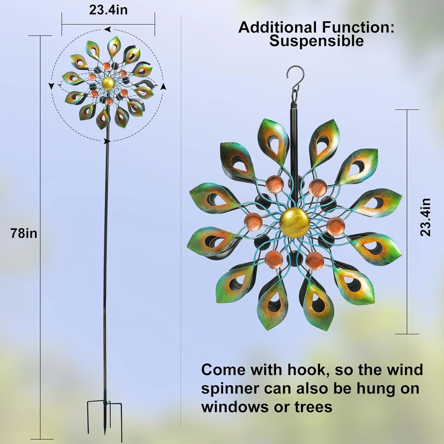 DIBIEECN 78 Inch Big Peacock Kinetic Wind Spinners with Garden Stake, Metal Sculpture Decorations, Outdoor Windmill, Dual Direction for Yard Art, Lawn Decor, Idea Gifts