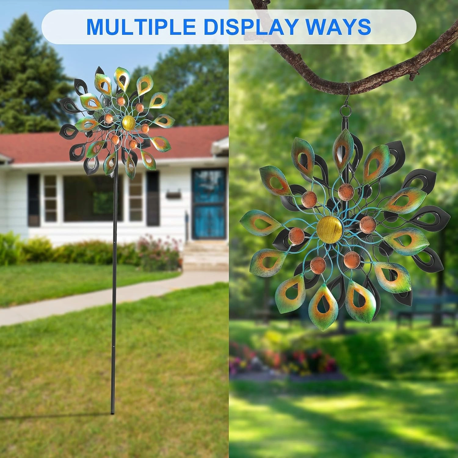 DIBIEECN 78 Inch Big Peacock Kinetic Wind Spinners with Garden Stake, Metal Sculpture Decorations, Outdoor Windmill, Dual Direction for Yard Art, Lawn Decor, Idea Gifts