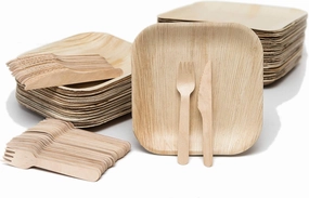 Disposable Bamboo Plates with Cutlery – 150pc 8 inch Square Plates Set with 50 Wooden Knives and Forks – Biodegradable Nature-Friendly